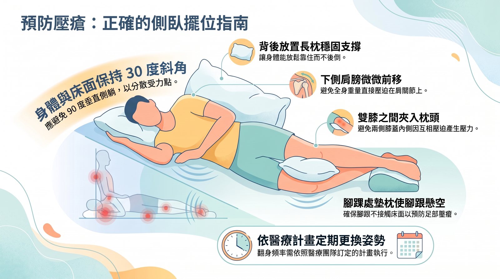 側臥擺位圖卡：身體與床面約成 30 度斜角，背後長枕支撐、雙膝間夾枕頭、腳踝墊枕使腳跟懸空